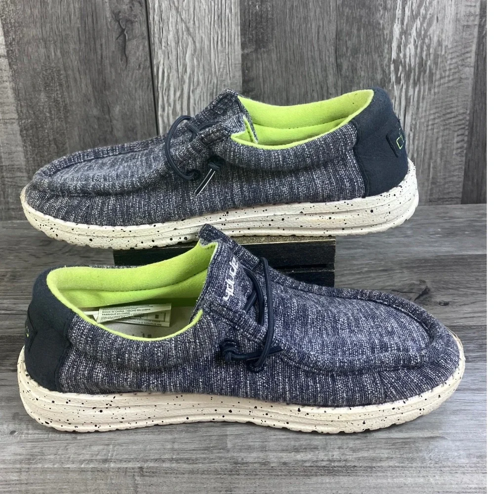 Hey Dude Wally Youth Stretch Naval Speckle Navy Neon Lime Loafers Size Y2 EU 34